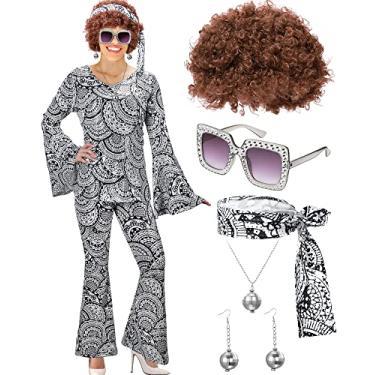 Imagem de 70s Women's Disco Costume Set Lady Disco Party Top Pants Sunglasses Disco Ball Necklace Earring Explosive Wig(XX-Large)