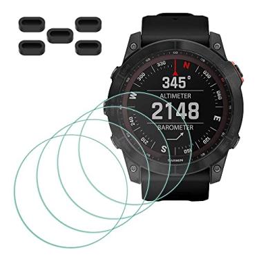 Imagem de MTHGH Protetor de tela para smartwatch solar Garmin fenix 7X/7X Sapphire [4 peças] + plugues antipoeira 5 peças, vidro temperado dureza 9H dureza livre de bolhas, capa protetora ultrafina