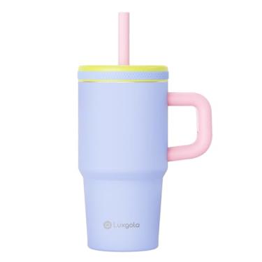 Imagem de Luxgola Copo infantil de 590 ml com alça, tampa rosqueada à prova de vazamento com canudo de silicone removível, à prova de derramamento, garrafa de água isolada de aço inoxidável reutilizável,