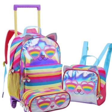 Imagem de Kit Mochila Rodinha Escolar Infantil Gatinho Holográfico 3Pç - Denlex