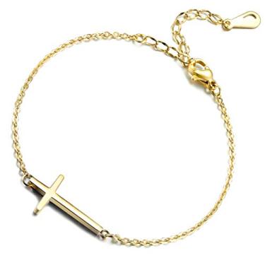 Imagem de Pulseira feminina ajustável com cruz lateral banhada a ouro rosa amarelo 18 k de aço inoxidável ELBLUVF