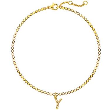 Imagem de MEVECCO Tornozeleira com inicial banhada a vácuo de ouro 18K com corte a laser, corrente plana, com pingente de letra CZ, pequeno ponto A-Z, presente delicado personalizado para mulheres, Metal, Zircônia cúbica