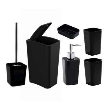 Imagem de Kit Banheiro 6 Peças Lavabo Lixeira Click Escova Sanitária Premium Resistente (Preto)