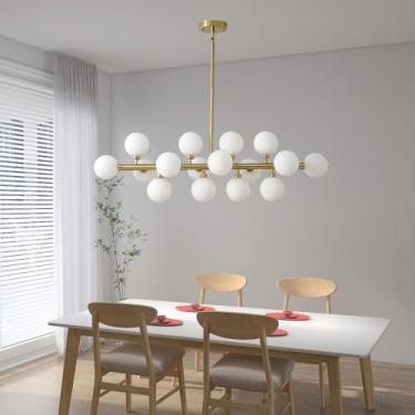 Imagem de JTYP Lustre Moderno De Meados Do Século, Lustre Linear Dourado Para Sala De Estar, Mesa De Jantar, Luminária Pendente De Vidro Para Teto, Luminárias Pendentes Para Sala De Jantar (Cobre E Vidro Bran