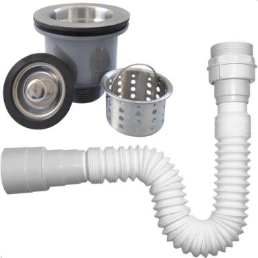 Imagem de Dona D.cor, Sifao Universal Sanfonado Flexível e Valvula Higienica 3 1/2 Inox Com Cesto Kit Instalação Cozinha Ralo Pia Escoamento Cuba Tubo Extensível Ajustavel