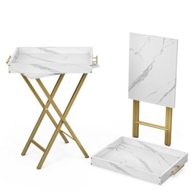 Imagem de XBurmo Conjunto de 2 bandejas de TV com bandeja removível, 2 peças, mesa lateral dobrável para quarto, sala de estar, mesa de lanche com bandeja de servir comida para pequenos espaços, branco