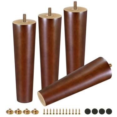 Imagem de FoDau770 Pernas de móveis de madeira de borracha marrom 20 cm, pés de madeira afunilados retos de meados do século conjunto de 4, pés de móveis UNC de 5/40.6 cm para armário, sofá, cômoda, cadeira