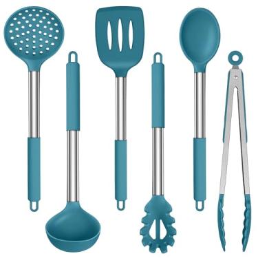 Imagem de LIANYU Conjunto de utensílios de cozinha de silicone, 6 peças, espátula de utensílios de cozinha resistentes ao calor para panelas antiaderentes, espátula com fenda, colher, concha de sopa, servidor