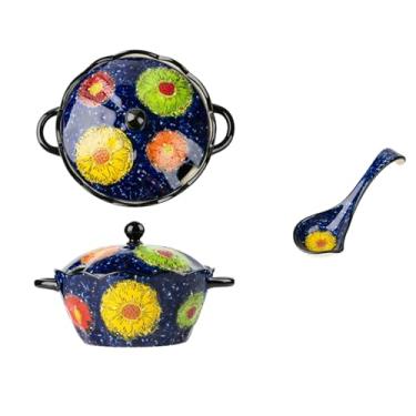 Imagem de Utensílios de mesa de estilo étnico floral criativos e personalizados, conjunto de tigela de cerâmica e prato com colher grande e tigela de macarrão - impressão floral com tampa panela de sopa (com