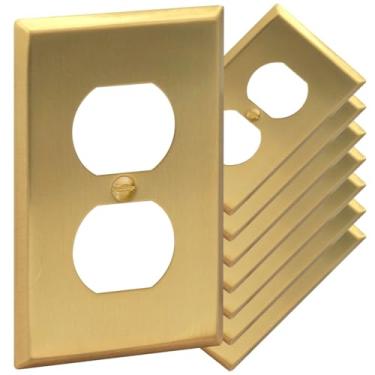 Imagem de Rio Salto Metal Gold Outlet Cover or Light Switch Cover Wall Plate, Corrosion Resistant Single Duplex Receptacle Wallplate Covers 1 Gang Single Standard Size, Brushed Brass Duplex 1-Gang (8-Pack)