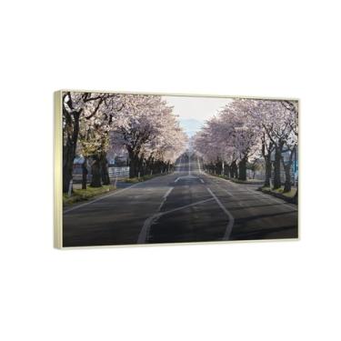 Imagem de Impressão em tela floral de primavera. Arte de parede de flores modernas. Pôster em tela de flores de cerejeira. Impressão de arte emoldurada para sala de estar, escritório, decoração de parede de