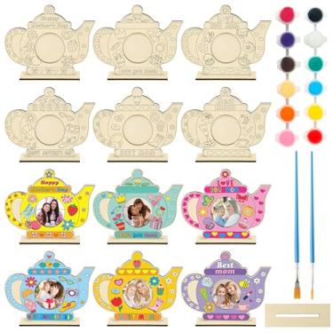 Imagem de Haooryx Porta-retrato para o Dia das Mães – Pinte seu próprio bule de chá "faça você mesmo", conjunto de molduras para fotos de madeira, pintura DIY, kit de artesanato em madeira, exibição de imagens