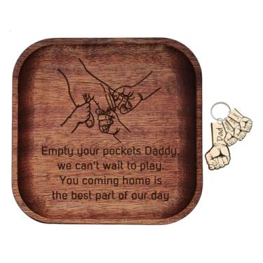 Imagem de Empty Your Pockets Bandeja de madeira para papai, dia dos pais, bandeja de armazenamento de chaves de madeira gravada com chaveiro, presente masculino para papai e aniversário