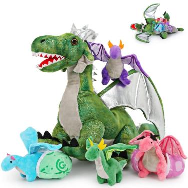 Imagem de Conjunto de brinquedos de pelúcia Karister Green Dragon com 4 bebês e 2 ovos para crianças