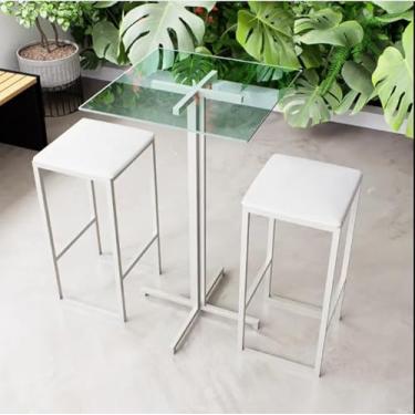 Imagem de Conjunto Mesa Alta Bar Bistrô Quadrada Vidro 2 Bancos Estofado Industrial White (Branco)
