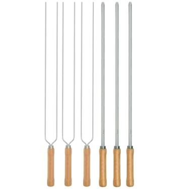 Imagem de Kit Preparo Churrasco 6pcs Churrasqueira Espetos 65cm Simples e Duplo Cabo Madeira
