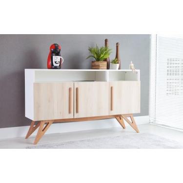 Imagem de Balcão Buffet Para Sala De Jantar Mdf Branco Pés Jatobá 3 Portas Faia 