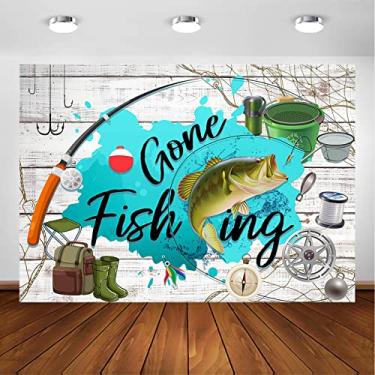 Imagem de Avezano Gone Fishing Pano de fundo de madeira, tema de pesca, decoração de festa de aniversário, material de pesca, porta-malas, pano de fundo fotográfico (3 x 2,4 m)