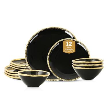 Imagem de Stone Lain Conjunto de Louça de Porcelana Christian Siriano Akoya, 12 Peças - Louça para 4 Pessoas, Preto e Dourado