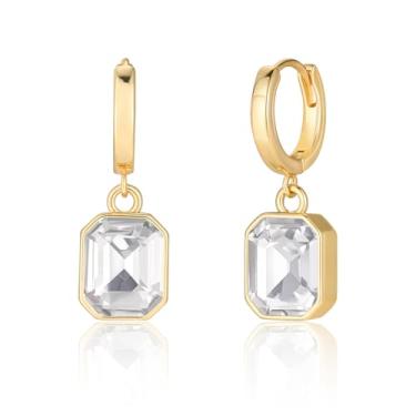 Imagem de Brincos pendentes de cristal com pedra do nascimento, brincos de argola Huggie folheados a ouro 14K hipoalergênicos joias presentes para mulheres, (branco)