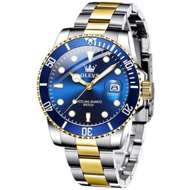 Imagem de Relógio masculino OLEVS de aço inoxidável, relógio analógico de quartzo clássico de luxo com data, relógio de pulso preto/azul/verde para homens, pulseira de aço de dois tons 2020,