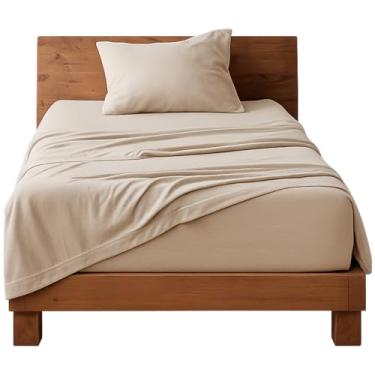 Imagem de Decolab Jogo de Lençol Malha 100% Algodão Extra Macio - Roupa De Cama Antiácaro, Inclui Lençol Com Elástico (Forro) E Fronhas (Bege, Solteiro Completo)