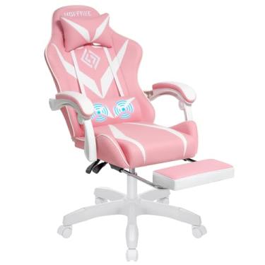 Imagem de Cadeira de jogos com massagem ergonômica para computador com apoio para os pés, cadeira reclinável de videogame para meninas com apoio de braço ajustável, rosa