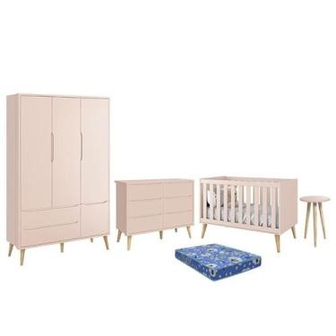 Imagem de Dormitório Theo 3 Portas, Cômoda 6 Gavetas, Berço, Mesa de Canto Rosa 