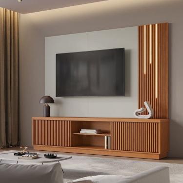 Imagem de Estante Home para Tv de Ate 75 Polegadas com Led Cascata 100% Mdf 2 Portas 220cm Valencia New Naturalle/Off