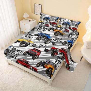 Imagem de AILONEN Jogo de lençol solteiro para meninos, caminhão monstro, caminhão monstro, colorido, macio, caminhão, lençol com elástico e lençol de cima com 2 fronhas, 4 peças