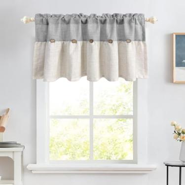 Imagem de AiFMQQ Farmhouse Boho Saia de botão de linho para janela de cozinha sala de jantar cinza café saia de algodão para janelas pequenas banheiro quarto vintage macramê sanefa bolso para varão 1 painel