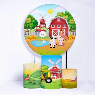 Imagem de Kit Painel de Festa Redondo de 1,50m e Trio de Cilindros Fazendinha - Fera Print