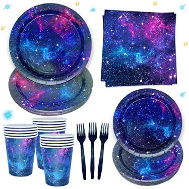Imagem de Conjunto de utensílios de mesa Space Galaxy Party Supplies tema espaço externo festa de aniversário decoração noite estrelada sistema solar planeta placas guardanapos garfos copos para 24 convidados