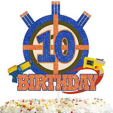 Imagem de Gun Target Cake Topper Pick for Boys Girls 10th Birthday Dart Bullet War Theme Party Decoration Supplies Gun Shooting Crosshairs Glitter Cake Decor for Cheer to 10 Years Old