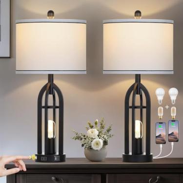 Imagem de Cinyirong Luminária De Mesa Preta De 27" Para Sala De Estar, Conjunto De 2 Luminárias De Mesa Pretas Com Tomada Usb E Ca, Luminárias De Fazenda Com Ajuste De 3 Vias Para Mesas De Cabeceira, Luminári