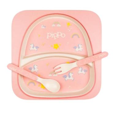 Imagem de Kit Alimentação Fibra de Bambu Prato, Bowl, Colher/Garfo e Copo + Copo Transição | Pippo (Unicórnio)