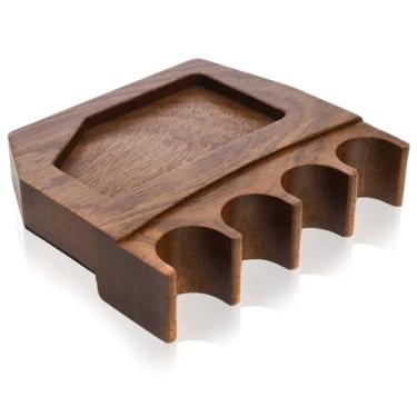 Imagem de Eorbow Suporte de taco de piscina de madeira com 4 furos, suporte portátil para taco de bilhar, suporte de taco antiderrapante com suporte de giz, descanso de taco sólido com entalhe profundo para