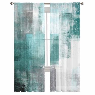 Imagem de Cortinas semitransparentes 213 cm C, cortinas com bolso para varão, arte abstrata, turquesa, pintura mosqueada, textura clássica, tratamentos de janela, filtro de luz para sala de estar, cozinha
