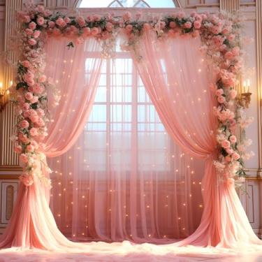 Imagem de Party Talk Cortina De Fundo De Tule Rosa Empoeirado De 20X8 Pés Com Cordão De Luzes Para Festas, Cortinas De Fundo Transparentes Para Fotos Com Luzes Para Cenário De Casamento, Cerimônia, Recepção,