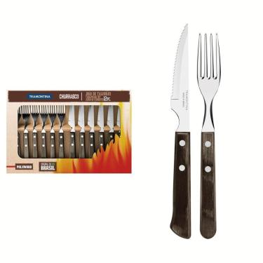 Imagem de Jogo De Talheres Para Churrasco Em Aço Inox Com Cabo Castanho Polywood 12 Peças