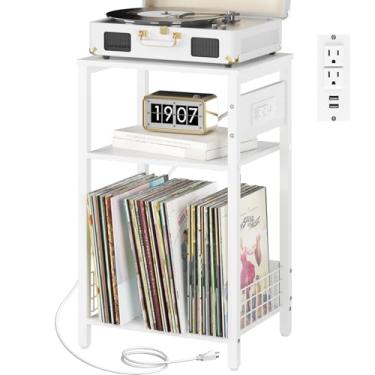Imagem de Yoobure Suporte para toca-discos, mesa lateral branca de 3 níveis com estação de carregamento, suporte de disco pequeno com armazenamento de vinil, suporte para toca-discos ao lado de mesas para CD de