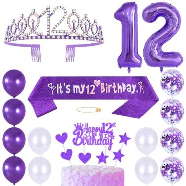 Imagem de Huture Princesa Coroa Rainha Tiara Tiaras Strass Topos De Bolo Número 12 Balões Hélio Balão Látex Roxo Decoração Aniversário Anos Para Meninas Artigos Festa