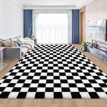 Imagem de ATRUG Tapetes Macios Para Sala De Estar, 8 X 10 Pés, Grande, Fofo, Felpudo, Quarto, Pelúcia, Preto E Branco, Xadrez, Antiderrapante, Moderno, Interno, Confortável, Dormitório, Berçário, Decoração Es