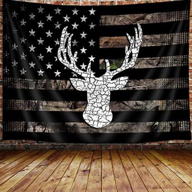 Imagem de VEIGIKE Tapeçaria De Caça Com Bandeira Americana, Parede Estilo Country Veado Em Preto E Branco Para Quarto Masculino, Rústica Camuflada, Cobertor Pôster, Decoração Dormitório Universitário, 80X60"