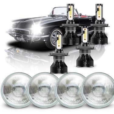 Imagem de RKHIruj Adequado Para Chevy Corvette 1962-1982 - Luzes Led De 5,75" E 5-3/4" Farol Alto/Baixo 6000K, Lente Vidro 5,75", Estilo Oem Compatível Com Kit Lâmpadas Luz Alta Baixa H4/9003, Branco, Pacote