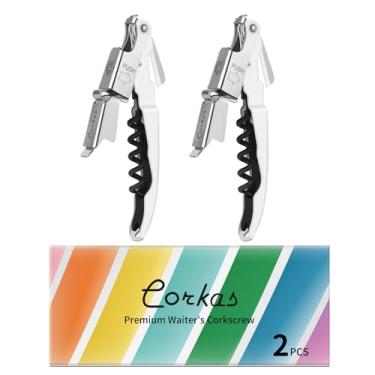 Imagem de CORKAS Chave de vinho - Pacote com 2 saca-rolhas profissionais feito à mão, abridor de vinho compacto e resistente com dobradiça dupla, cortador de folha e abridor de garrafa, presentes de aniversário