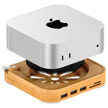Imagem de AODUKE Base de madeira para Mac mini M4 Pro, base de ancoragem macmini 2024 HUB com leitor de cartão 3X USB2.0 TF3.0/SD3.0 e interruptor de alimentação externa, acessórios de dissipação de calor para