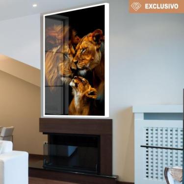 Imagem de Quadro decorativo família de leão com um filhote - MeMoldura, 80x120cm