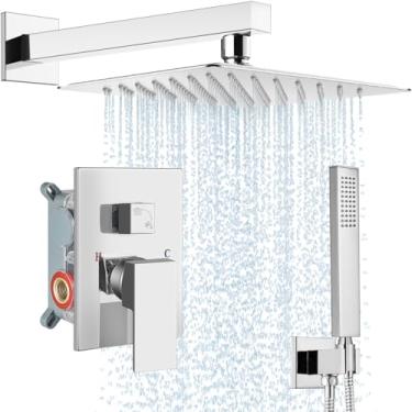 Imagem de Midanya Conjunto de torneira de chuveiro cromado polido, montagem na parede, cabeça de chuveiro quadrada de 30,5 cm, sistema de chuveiro de chuva com pulverizador manual, corpo de válvula áspera e acabamento incluídos