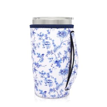 Imagem de AJLTPA Suporte de copo com isolamento de neoprene com alça para copos de 590 ml, manga reutilizável para café gelado compatível com Starbucks Trenta, Dunkin grande, mais (chinês floral abstrato)